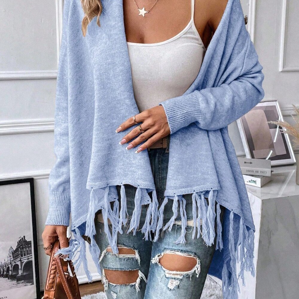Blue Casual Women's Asymmetrical Long Sleeve Fringe Tassel Sweater Dress - Picture 4 of 6